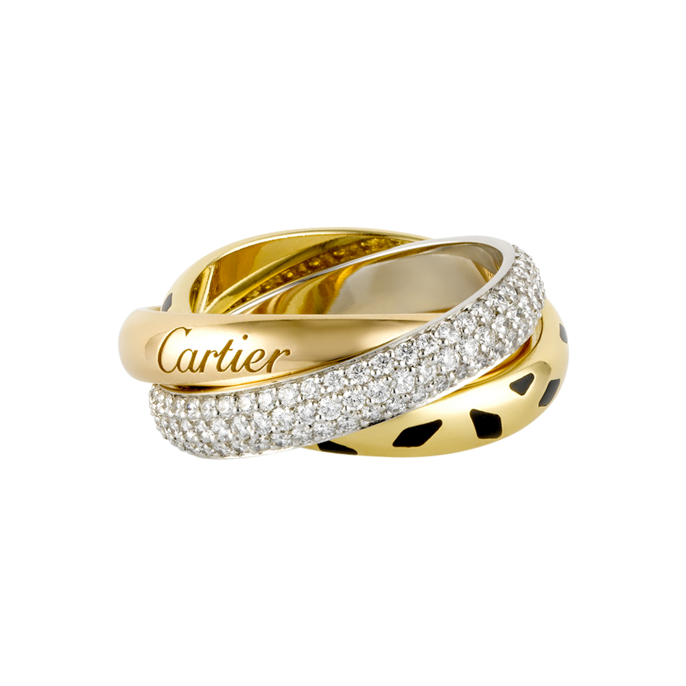 Elegant Cartier Trinity ring with gold, diamond, and black enamel bands representing luxury designer jewelry requiring comprehensive insurance coverage